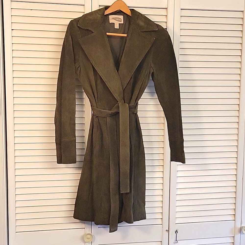 Olive green suede trench coat